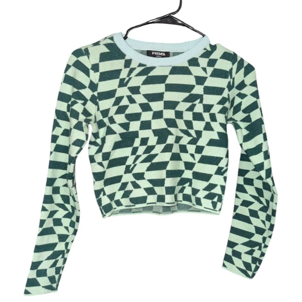 RSQ Junior's Green Wavy Checkered Pattern Cropped Long-Sleeve Top - Size Medium